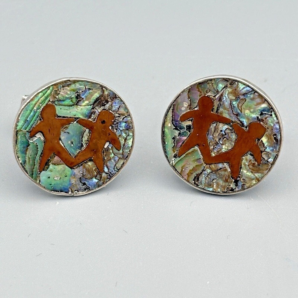 Vintage Sterling Silver Cufflinks Artisan Abalone Copper Figural Copper Taxco